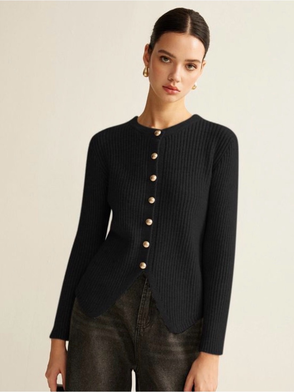 COMMENSE Black Ribbed Button Front Cardigan Sweater Small